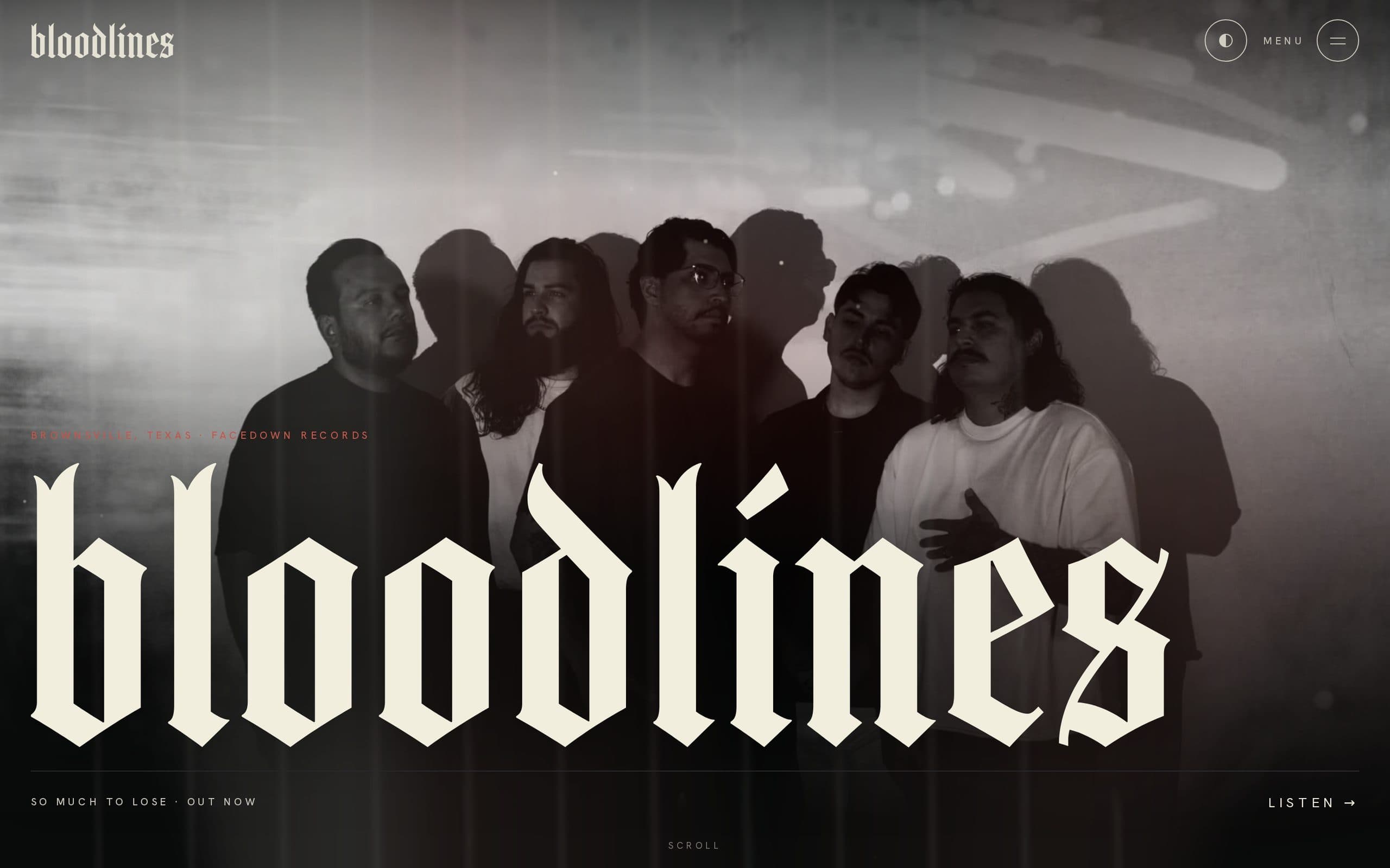 The Bloodlines home page: the band in black and white behind the name in huge blackletter.
