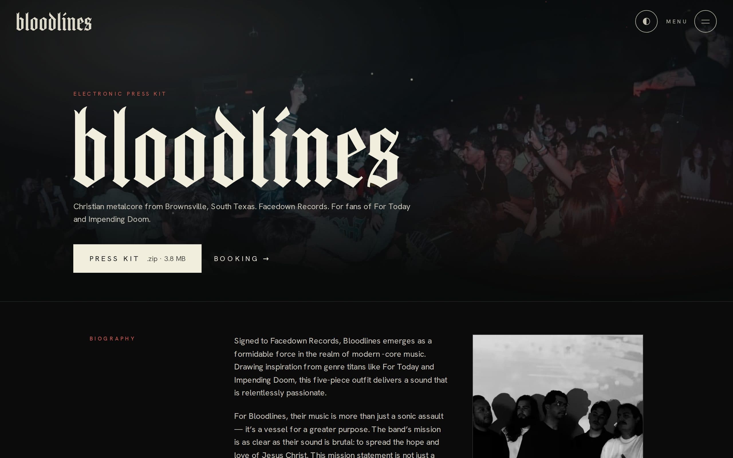 The Bloodlines electronic press kit: the name in blackletter over a crowd shot, with a press kit download and a booking link.