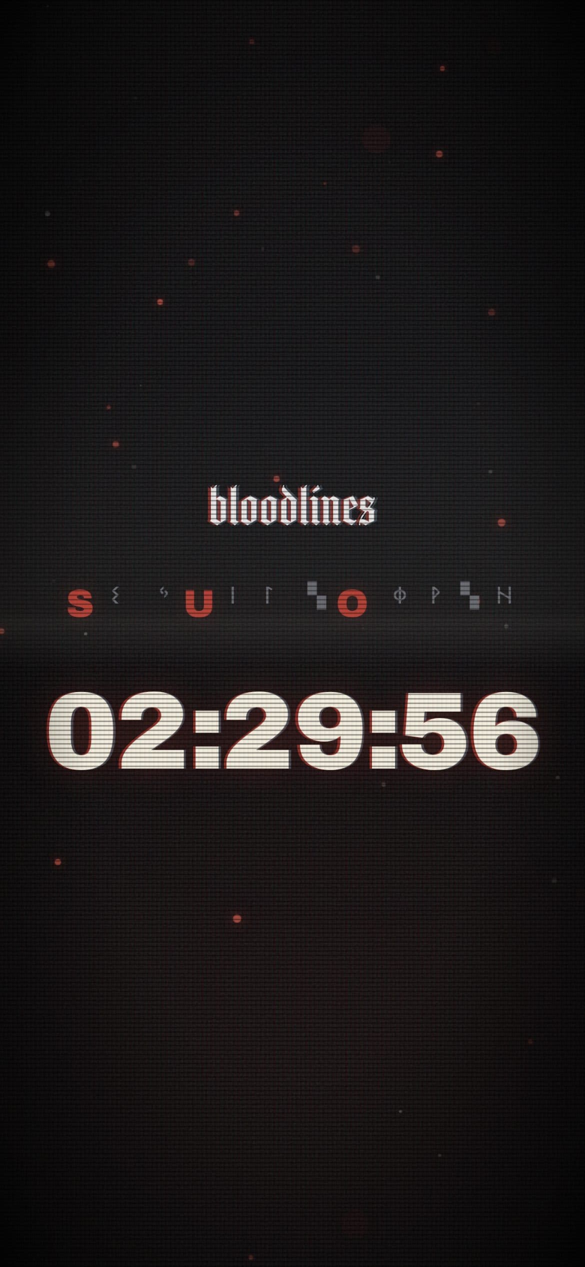 The countdown on a phone: the logo, a line of red letters and runes, and the clock.