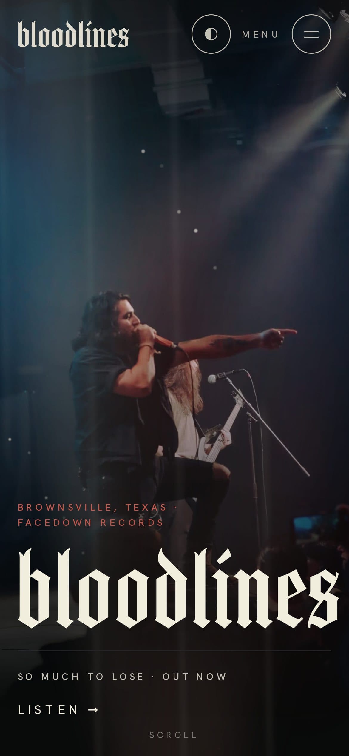 The Bloodlines home page on a phone: the singer mid-scream under a stage light, the name in blackletter beneath.