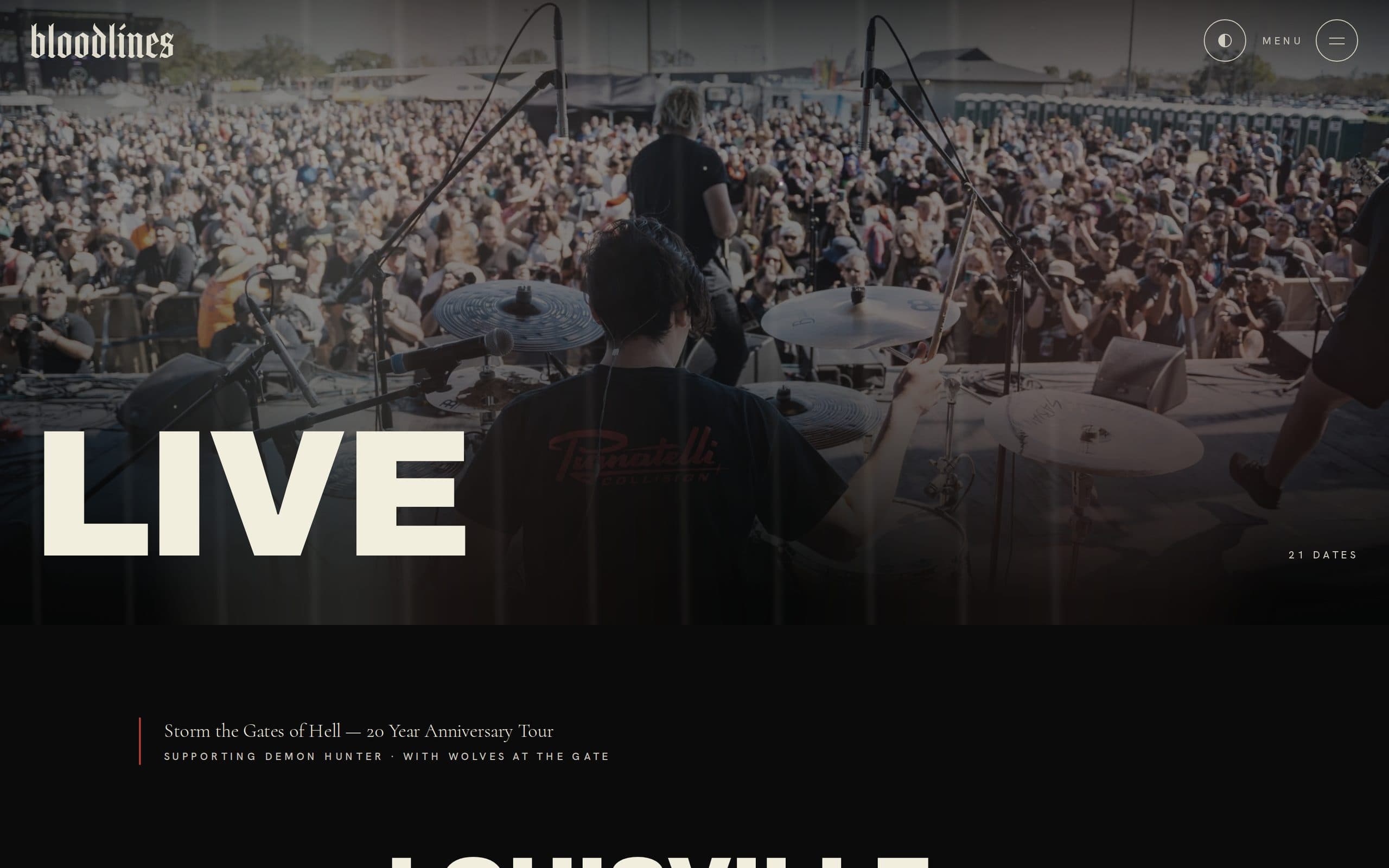 The Bloodlines tour page: LIVE in huge capitals over a photo from behind the drum kit, facing a festival crowd.