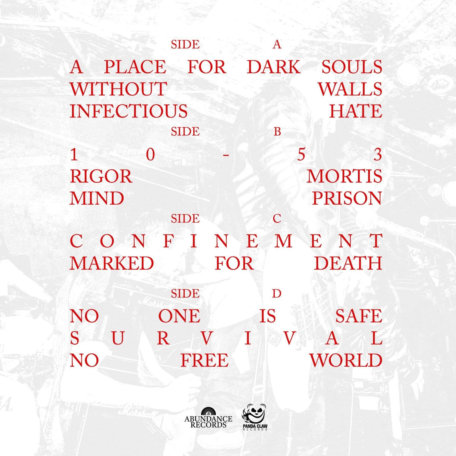 The back cover of No Free World: the tracklist for sides A to D in spaced red capitals over a pale live photo.