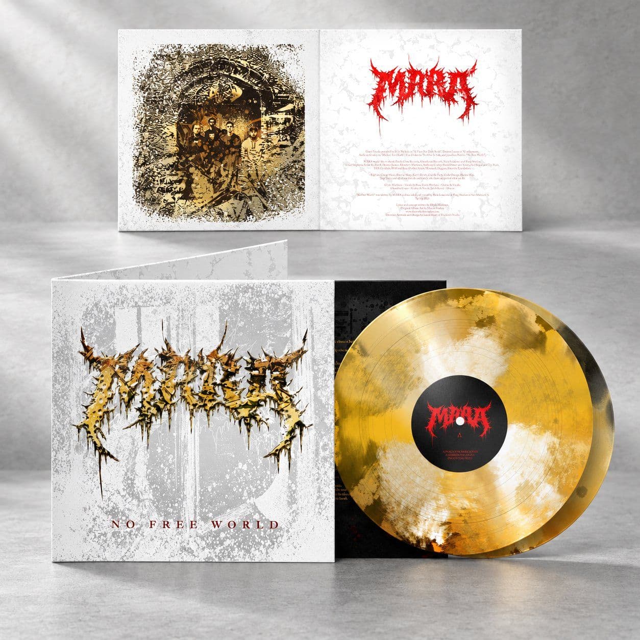 The No Free World vinyl: the gold Mara logo on the white jacket, the open gatefold with the red logo, and a gold and black record.